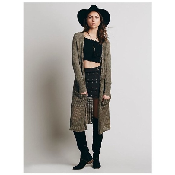 Free People Shadow Stripe Snap Button Duster Cardigan Taupe Beige Large - Picture 1 of 12